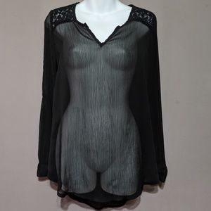 Sheer black blouse w/ lace shoulder